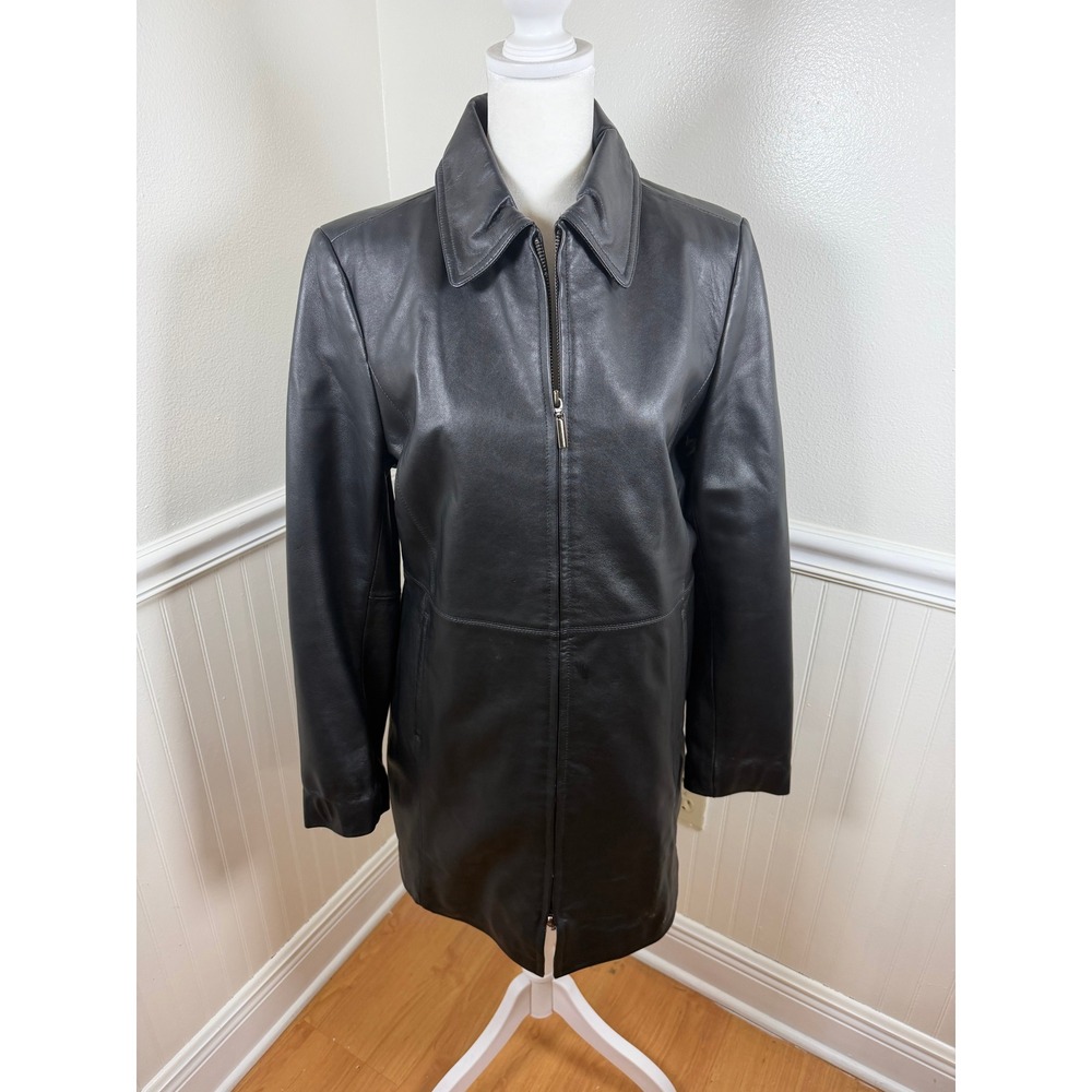 Jaclyn Smith Womens Black Leather Full Zip Collared Coat Casual Outerwear Size S